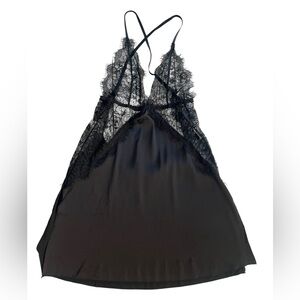 Black Satin & Eyelash Lace Criss-Cross Slip Nightgown - Size Small